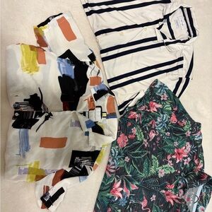 Mixed Print Collared Tops - Abstract, Nautical Stripe, Tropical Floral - Multi